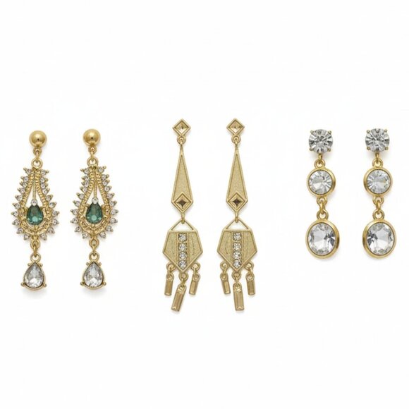 1928 Gold Tone Crystal Dangle Vintage Earrings Bundle - Clear Rhinestone Stones - Picture 1 of 9
